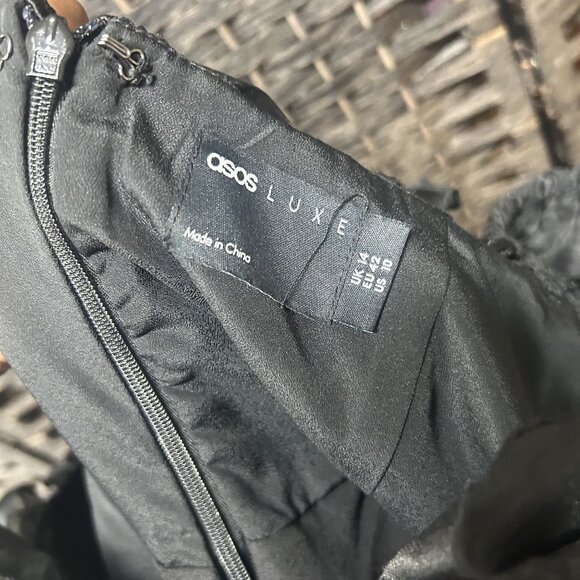 ASOS Luxe Black Square Neck Tiered Polka Dot Fit & Flare Dress Size US 10 NWOT - Picture 4 of 10